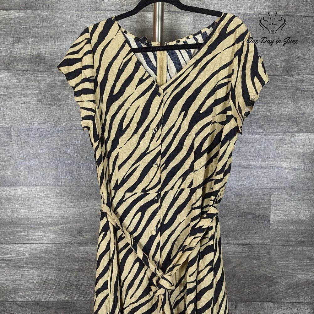 Talbots Striking Zebra Midi Shirtdress Tan Black Belted NWT Size 16